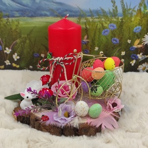 Πασχαλινή Σύνθεση με κόκκινο κερί, διακοσμητικά και ποδήλατο με πασχαλινά αυγά, επάνω σε κορμό ξύλου - διακοσμητικά, πασχαλινά αυγά διακοσμητικά, πασχαλινή διακόσμηση, πασχαλινά δώρα - 5