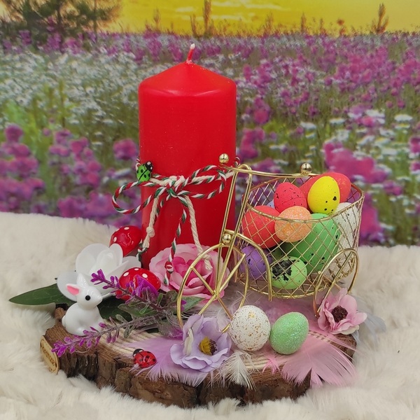 Πασχαλινή Σύνθεση με κόκκινο κερί, διακοσμητικά και ποδήλατο με πασχαλινά αυγά, επάνω σε κορμό ξύλου - διακοσμητικά, πασχαλινά αυγά διακοσμητικά, πασχαλινή διακόσμηση, πασχαλινά δώρα - 2