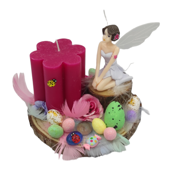 Πασχαλινή Σύνθεση με κερί, διακοσμητικά, λουλούδια, πούπουλα, αυγά, νεράιδα πάνω σε κορμό ξύλου - νεράιδα, διακοσμητικά, πασχαλινά αυγά διακοσμητικά, πασχαλινά δώρα, διακοσμητικό πασχαλινό