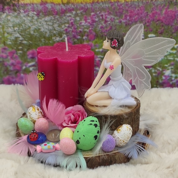 Πασχαλινή Σύνθεση με κερί, διακοσμητικά, λουλούδια, πούπουλα, αυγά, νεράιδα πάνω σε κορμό ξύλου - νεράιδα, διακοσμητικά, πασχαλινά αυγά διακοσμητικά, πασχαλινά δώρα, διακοσμητικό πασχαλινό - 3