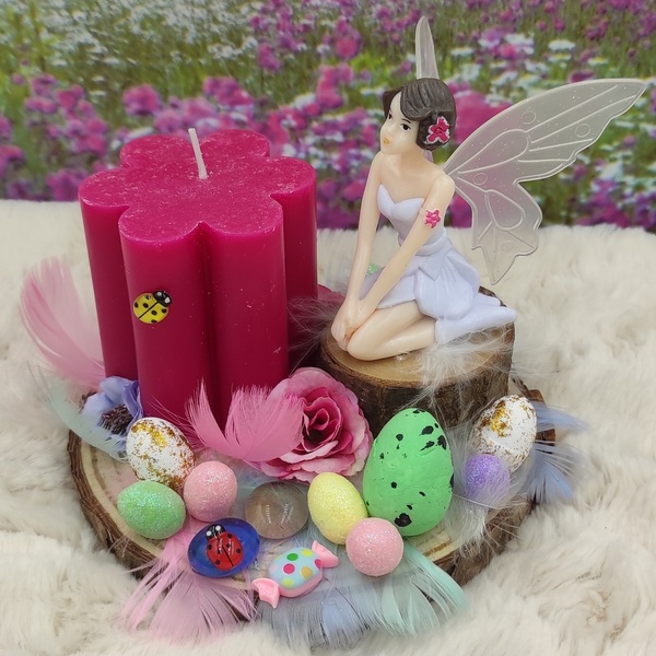 Πασχαλινή Σύνθεση με κερί, διακοσμητικά, λουλούδια, πούπουλα, αυγά, νεράιδα πάνω σε κορμό ξύλου - νεράιδα, διακοσμητικά, πασχαλινά αυγά διακοσμητικά, πασχαλινά δώρα, διακοσμητικό πασχαλινό - 2