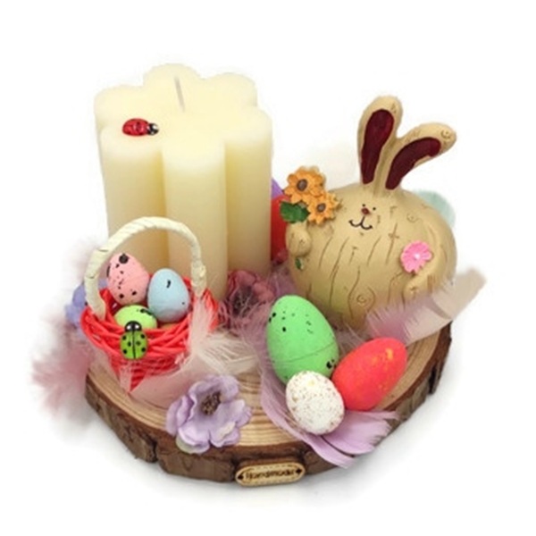 Πασχαλινή Σύνθεση με κεραμικό Λαγό, διακοσμητικά και ιβουάρ κερί σε σχήμα λουλουδιού, πάνω σε κορμό ξύλου - διακοσμητικά, πασχαλινά δώρα, διακοσμητικό πασχαλινό