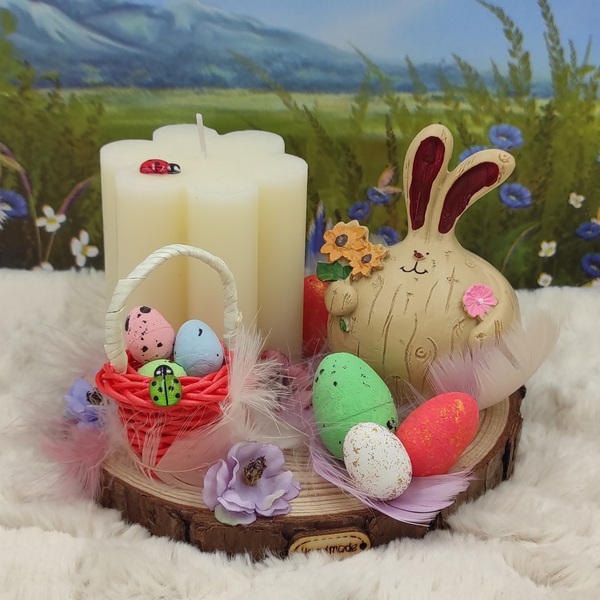 Πασχαλινή Σύνθεση με κεραμικό Λαγό, διακοσμητικά και ιβουάρ κερί σε σχήμα λουλουδιού, πάνω σε κορμό ξύλου - διακοσμητικά, πασχαλινά δώρα, διακοσμητικό πασχαλινό - 3
