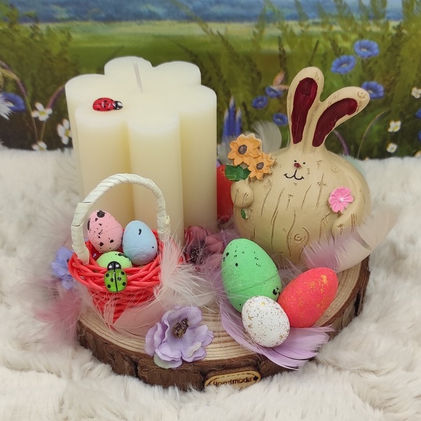Πασχαλινή Σύνθεση με κεραμικό Λαγό, διακοσμητικά και ιβουάρ κερί σε σχήμα λουλουδιού, πάνω σε κορμό ξύλου - διακοσμητικά, πασχαλινά δώρα, διακοσμητικό πασχαλινό - 2