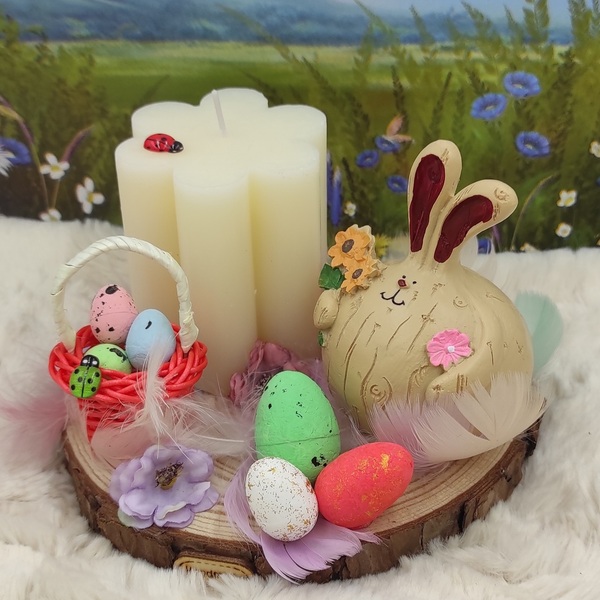 Πασχαλινή Σύνθεση με κεραμικό Λαγό, διακοσμητικά και ιβουάρ κερί σε σχήμα λουλουδιού, πάνω σε κορμό ξύλου - διακοσμητικά, πασχαλινά δώρα, διακοσμητικό πασχαλινό - 4