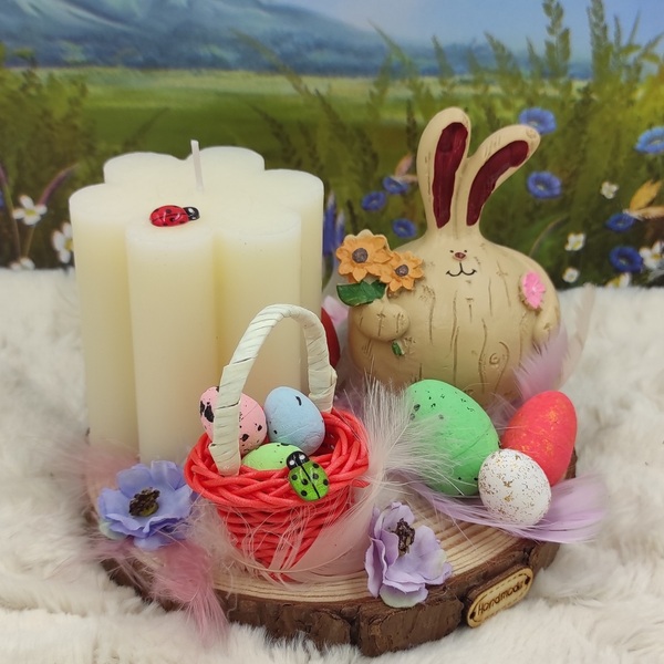 Πασχαλινή Σύνθεση με κεραμικό Λαγό, διακοσμητικά και ιβουάρ κερί σε σχήμα λουλουδιού, πάνω σε κορμό ξύλου - διακοσμητικά, πασχαλινά δώρα, διακοσμητικό πασχαλινό - 5