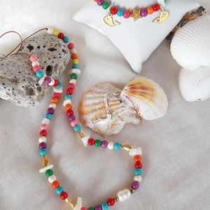 Κολιέ με χαολίτη mix colorful - ημιπολύτιμες πέτρες, μακραμέ, κοντά, boho, πέρλες