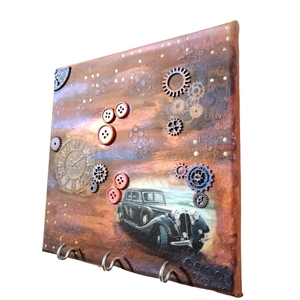 Κλειδοθηκη πίνακας καμβάς 20x20cm steampunk - πίνακες & κάδρα, ντεκουπάζ, κλειδοθήκες - 2