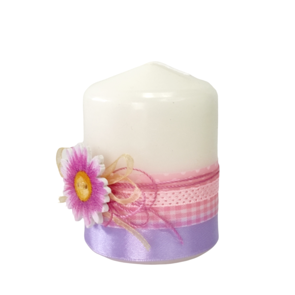 Κερί διακοσμητικό λευκό με μωβ ξύλινο λουλούδι Ύψος 8cm - ήλιος, χειροποίητα, ρεσώ & κηροπήγια, κερί - 2