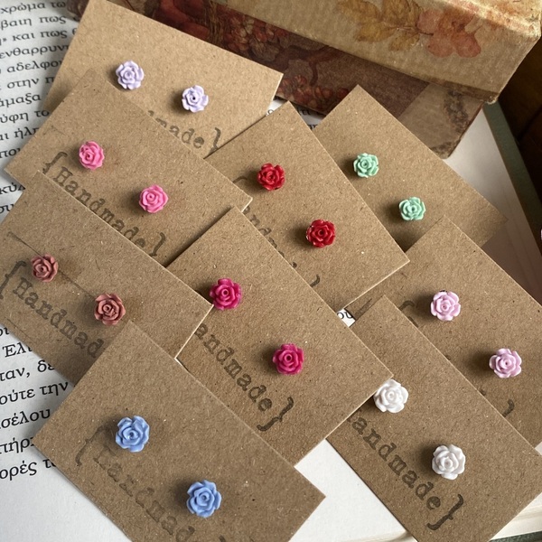 Tiny Roses | Μικροσκοπικά Καρφωτά Σκουλαρίκια Τριαντάφυλλα σε Διάφορα Χρώματα (Ατσάλι, Πολυμερικός Πηλός) (Μέγεθος 0,5εκ.) - πηλός, λουλούδι, καρφωτά, μικρά, ατσάλι