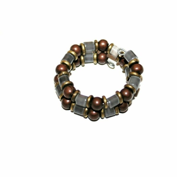 Δαχτυλίδι αυξομειούμενο, δύο-σειρές, χάλκινες, μπρούτζινες και γυάλινες γκρι χάντρες - χαλκός, χάντρες, αυξομειούμενα