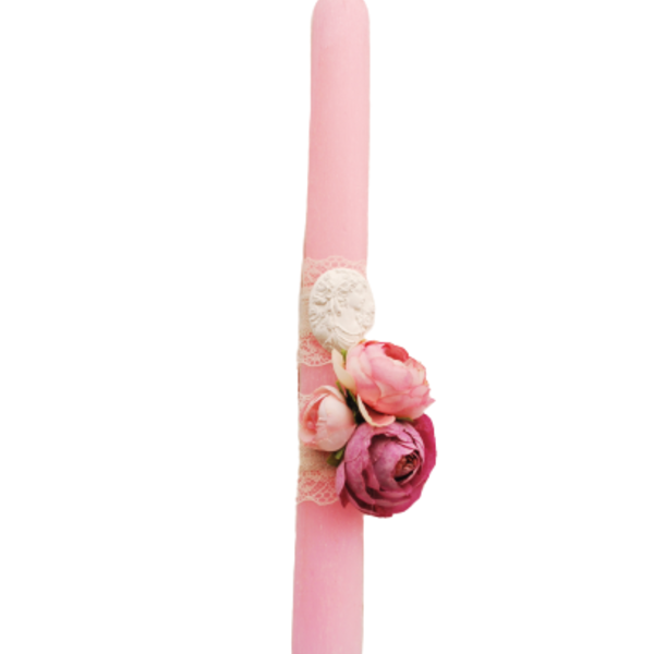 Ροζ λαμπάδα με λουλούδια και vintage ύφος 30 εκατοστά - κορίτσι, λουλούδια, λαμπάδες, για ενήλικες, για εφήβους - 2