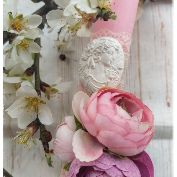 Ροζ λαμπάδα με λουλούδια και vintage ύφος 30 εκατοστά - κορίτσι, λουλούδια, λαμπάδες, για ενήλικες, για εφήβους - 3