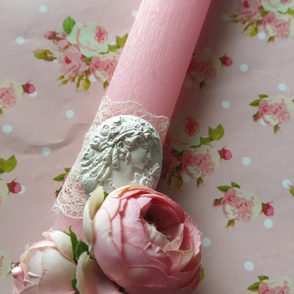 Ροζ λαμπάδα με λουλούδια και vintage ύφος 30 εκατοστά - κορίτσι, λουλούδια, λαμπάδες, για ενήλικες, για εφήβους - 4