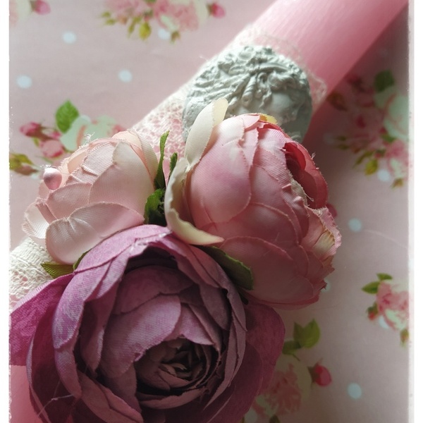 Ροζ λαμπάδα με λουλούδια και vintage ύφος 30 εκατοστά - κορίτσι, λουλούδια, λαμπάδες, για ενήλικες, για εφήβους - 5