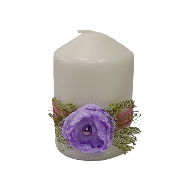 Διακοσμητικό κερί λευκό με μωβ λουλούδι Ύψος 10 cm - λουλούδια, ρεσώ & κηροπήγια, κερί, πασχαλινά δώρα, διακόσμηση σαλονιού - 3
