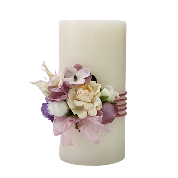 Κερί αρωματικό εκρού με μωβ λουλούδια Ύψος 14 cm - λουλούδια, ρεσώ & κηροπήγια, κερί, πασχαλινά δώρα, διακόσμηση σαλονιού - 2