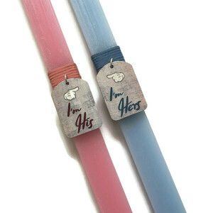 Αρωματικές λαμπάδες για ζευγάρια ροζ και μπλε με ξύλινα στοιχεία με χάραξη "I'm Hers" - "I'm His", 32 εκατοστά. - λαμπάδες, ζευγάρια - 2