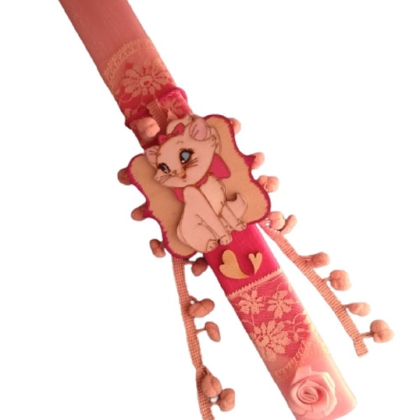 Αρωματική ροζ λαμπάδα 34 cm με ξύλινο κάδρο γατούλα - κορίτσι, λαμπάδες, γατούλα, για παιδιά, ζωάκια