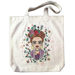 Τσάντα ζωγραφισμένη πανινη χειροποιητη ~41Χ41, tote bag, shopper Φρίντα, FRIDA - πάνινες τσάντες, ύφασμα, all day
