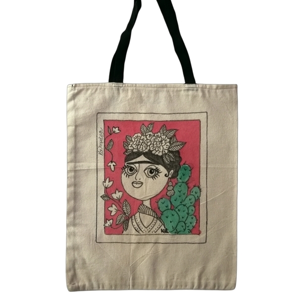 Ζωγραφισμενη χειροποιητη οικολογική πάνινη τσάντα 32Χ38εκ , χειροποιητη tote bag, shopper, FRIDA, ΦΡΙΝΤΑ - ύφασμα, ώμου, πάνινες τσάντες