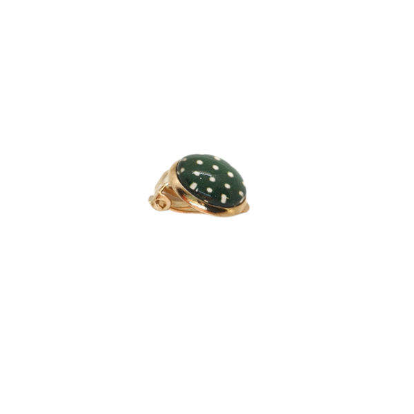 Σκουλαρίκια επιχρυσωμένα κουμπωτά με υγρό γυαλί " Πράσινο - λευκό πουά " -12mm - γυαλί, επιχρυσωμένα, μικρά, με κλιπ, φθηνά - 2