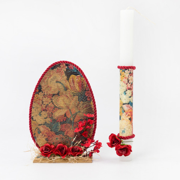 Πασχαλινό Σετ Αυγό 20cm Με Λαμπάδα 30cm Κόκκινα Άνθη - διακοσμητικά, για ενήλικες, για εφήβους, πασχαλινά δώρα - 3