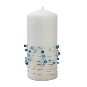 Κερί άοσμο λευκό με μπλε πέρλες Yψος 15cm - ρεσώ & κηροπήγια, πέρλες, διακοσμητικά, διακόσμηση σαλονιού