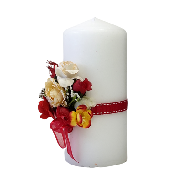 Κερί λευκό με κόκκινα λουλούδια Yψος 15cm - λουλούδια, ρεσώ & κηροπήγια, διακοσμητικά, διακόσμηση σαλονιού - 3
