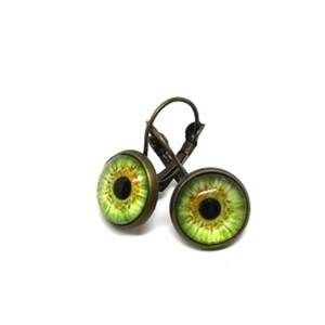 Σκουλαρίκια vintage μπρονζέ στρογγυλά πράσινο μάτι. - γυαλί, μικρά, μπρούντζος, κρεμαστά, φθηνά