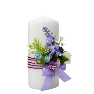 Κερί λευκό με μωβ λουλούδια Yψος 15cm - λουλούδια, ρεσώ & κηροπήγια, διακοσμητικά, διακόσμηση σαλονιού - 2