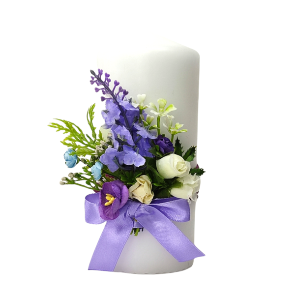 Κερί λευκό με μωβ λουλούδια Yψος 15cm - λουλούδια, ρεσώ & κηροπήγια, διακοσμητικά, διακόσμηση σαλονιού - 3