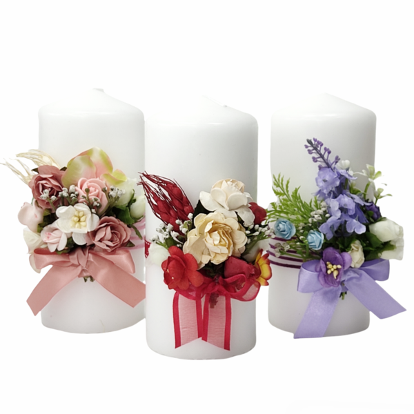 Κερί λευκό με ροζ λουλούδια Yψος 15cm - λουλούδια, ρεσώ & κηροπήγια, διακοσμητικά, διακόσμηση σαλονιού - 4