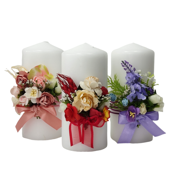Κερί λευκό με κόκκινα λουλούδια Yψος 15cm - λουλούδια, ρεσώ & κηροπήγια, διακοσμητικά, διακόσμηση σαλονιού - 4