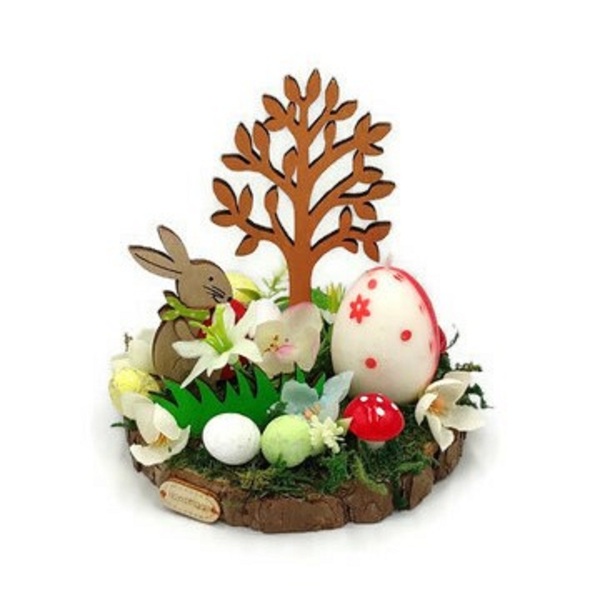 Πασχαλινή Σύνθεση με ξύλινο Λαγό, ξύλινο δέντρο, δίχρωμο κερί σε σχήμα αυγού ,λουλούδια, αυγουλάκια και μανιταράκια, πάνω σε κορμό ξύλου - διακοσμητικά, πασχαλινά αυγά διακοσμητικά, πασχαλινή διακόσμηση, πασχαλινά δώρα