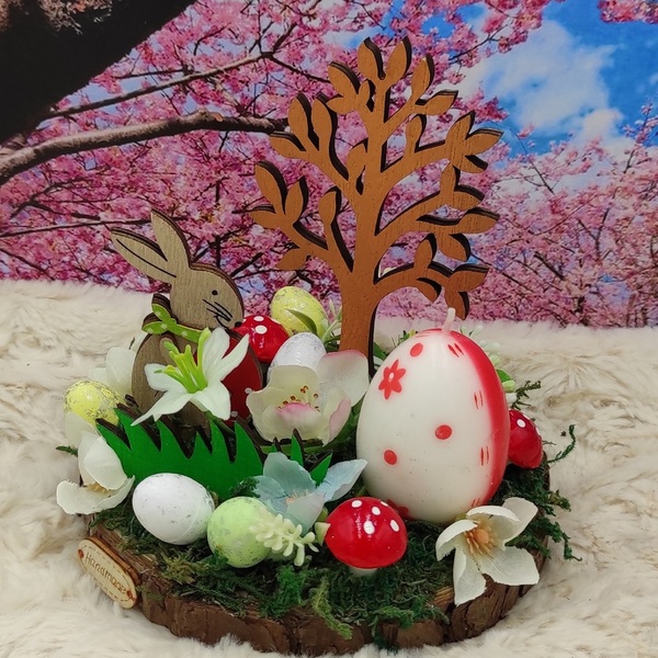 Πασχαλινή Σύνθεση με ξύλινο Λαγό, ξύλινο δέντρο, δίχρωμο κερί σε σχήμα αυγού ,λουλούδια, αυγουλάκια και μανιταράκια, πάνω σε κορμό ξύλου - διακοσμητικά, πασχαλινά αυγά διακοσμητικά, πασχαλινή διακόσμηση, πασχαλινά δώρα - 2