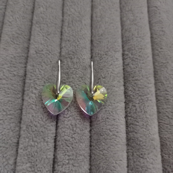 Επαργυρωμενα σκουλαρικια απο ορειχαλκο με κρυσταλλα rainbow μηκος 3 cm - ορείχαλκος, καρδιά, επάργυρα, swarovski, κρεμαστά - 4