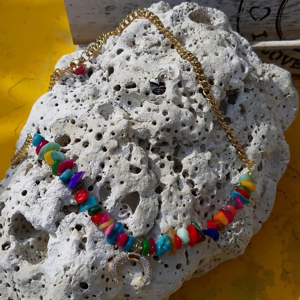 Αλυσίδα ατσάλινη με ημιπολύτιμες πέτρες colorful. - ημιπολύτιμες πέτρες, κοντά, ατσάλι, boho, μενταγιόν - 4