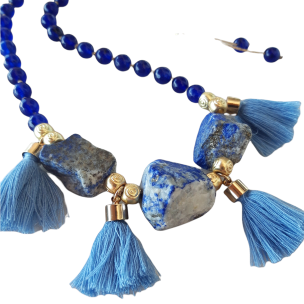 Κολιέ με ακατεργαστες πέτρες lapis lazuli και μπλε άχατες. - ημιπολύτιμες πέτρες, αχάτης, επιχρυσωμένα, μακριά - 2