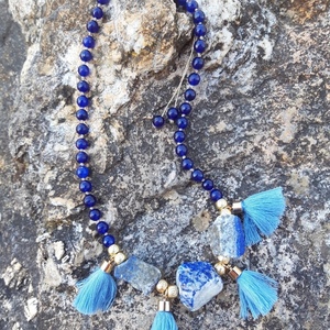 Κολιέ με ακατεργαστες πέτρες lapis lazuli και μπλε άχατες. - ημιπολύτιμες πέτρες, αχάτης, επιχρυσωμένα, μακριά - 3