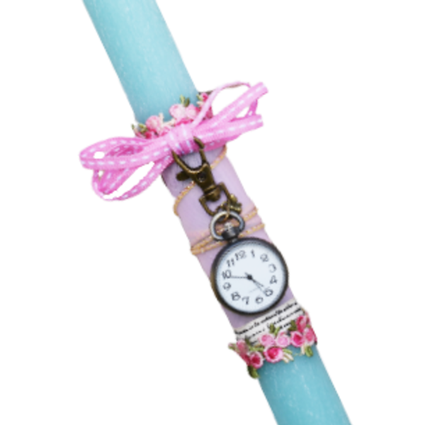 Vintage clock | Χειροποίητη βεραμάν αρωματική πασχαλινή λαμπάδα με αληθινό μπρούτζινο μπρελόκ ρολόι (30εκ.) - vintage, κορίτσι, λουλούδια, λαμπάδες