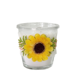 Αρωματικό κερί σε ποτήρι με διακόσμηση κίτρινο λουλούδι - αρωματικά κεριά, πασχαλινή διακόσμηση, πασχαλίτσα, χειροποίητα