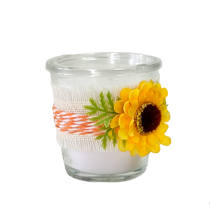 Αρωματικό κερί σε ποτήρι με διακόσμηση κίτρινο λουλούδι - χειροποίητα, πασχαλίτσα, αρωματικά κεριά, πασχαλινή διακόσμηση - 2