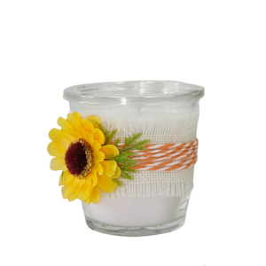 Αρωματικό κερί σε ποτήρι με διακόσμηση κίτρινο λουλούδι - χειροποίητα, πασχαλίτσα, αρωματικά κεριά, πασχαλινή διακόσμηση - 3