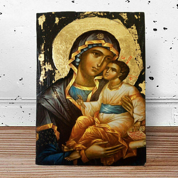 Χειροποίητη Εικόνα Της Παναγίας Σε Σανίδια 18x30cm - πίνακες & κάδρα, πίνακες ζωγραφικής - 2