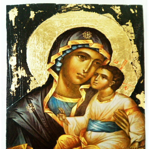 Χειροποίητη Εικόνα Της Παναγίας Σε Σανίδια 18x30cm - πίνακες & κάδρα, πίνακες ζωγραφικής - 5