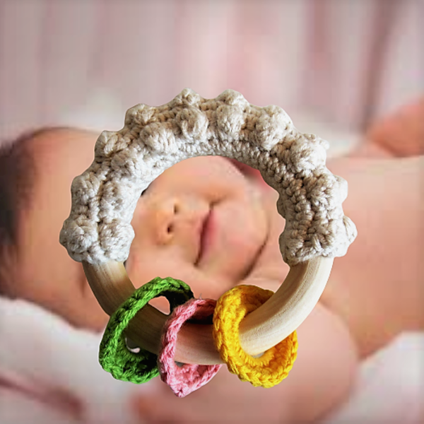 Ξύλινος μασητικός κρίκος οδοντοφυΐας με βαμβακερό νήμα σε πλέξη βατόμουρο διαμέτρου 7 εκ. - κορίτσι, αγόρι, χειροποίητα, δώρα για μωρά, μασητικά μωρού - 2
