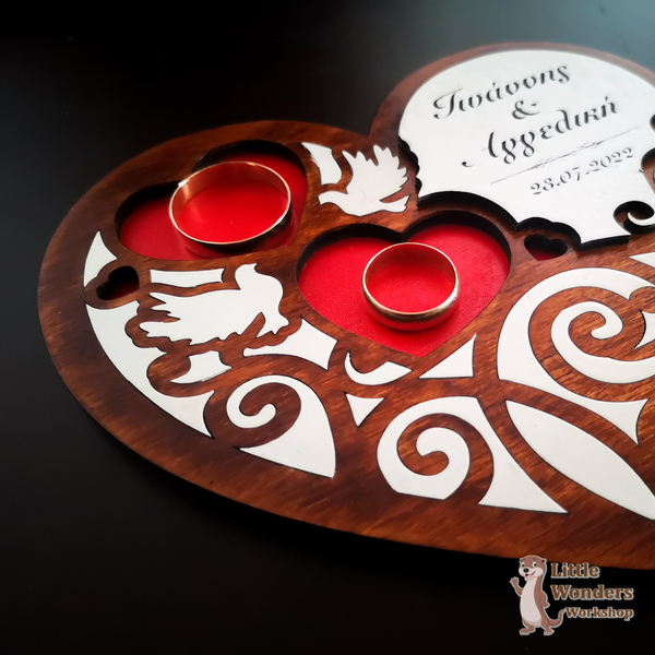 Ξύλινη Βάση σε σχήμα Καρδιάς για τις Βέρες σας, με χάραξη των ονομάτων και της ημερομηνίας του Γάμου σας, Διάσταση: 15Χ15εκ. - καρδιά, personalised, ξύλινα διακοσμητικά - 3