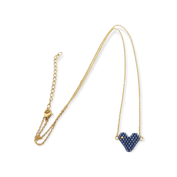 Κολιέ με ατσάλινη αλυσίδα σε χρυσό χρώμα και καρδιά με χάντρες MIYUKI - μπλε - χάντρες, miyuki delica, κοντά, ατσάλι, μενταγιόν
