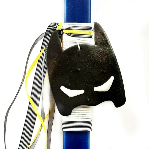 Λαμπάδα με μάσκα άνθρωπος-νυχτερίδα από πολυμερικό πηλό σε πλακέ κερί(38*3*1 εκ.) - αγόρι, λαμπάδες, χειροποίητα, για παιδιά, σούπερ ήρωες - 2